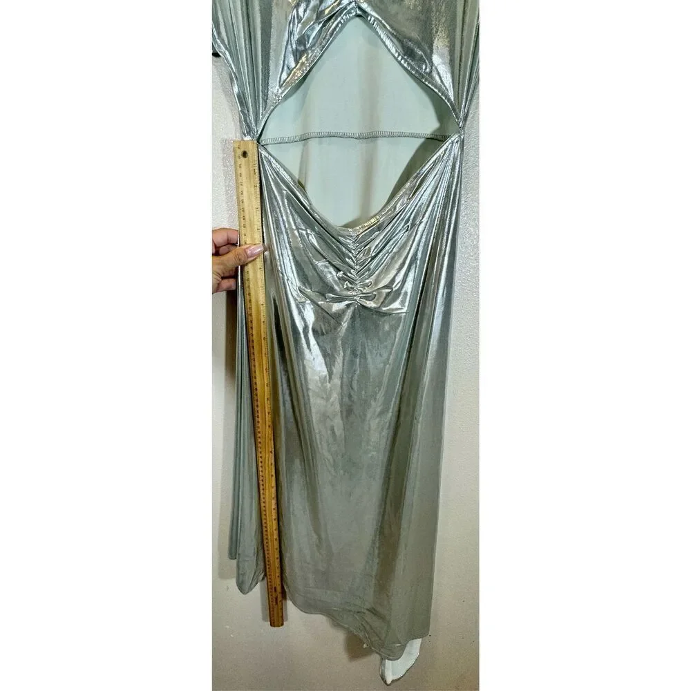 NWOT WeWoreWhat Metallic Silver Asymmetric Cutout Midi Dress Women's Small